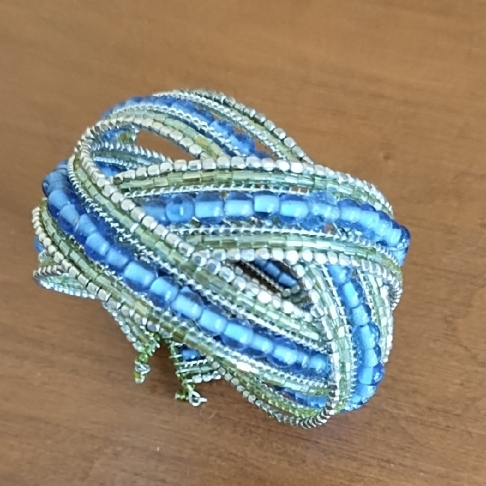 Boho Beaded Cuff Bracelet Blue Green Gold Mult-Strand Wire Criss Cross Statement